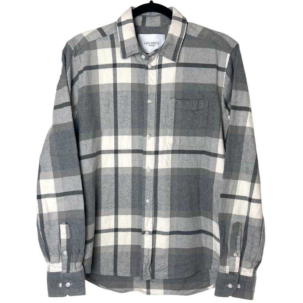 Les Deux Jeremy Check Flannel Shirt Regular Fit Button Down Gray Plaid Sz S